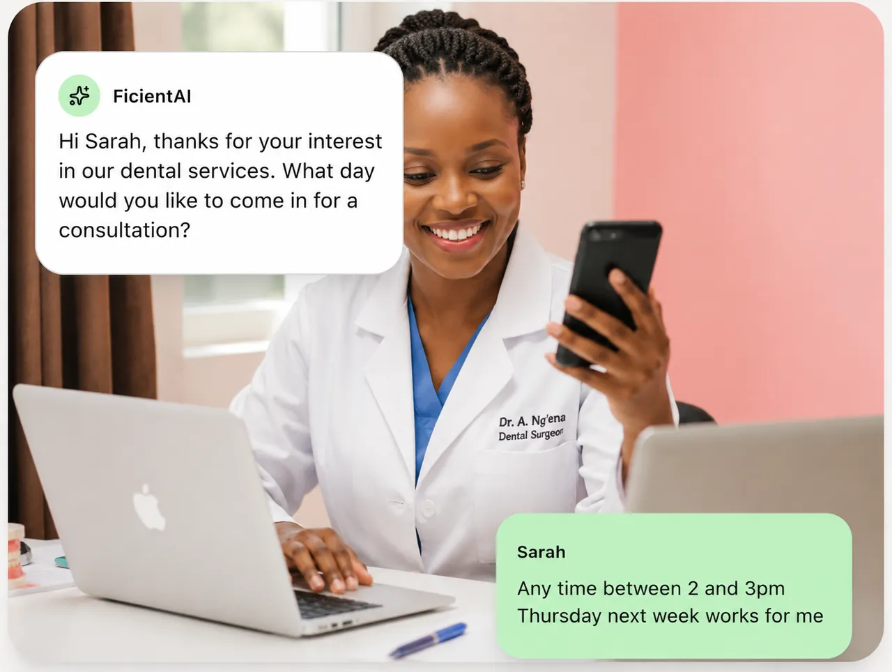 Clinician responding to a new patient enquiry on her phone